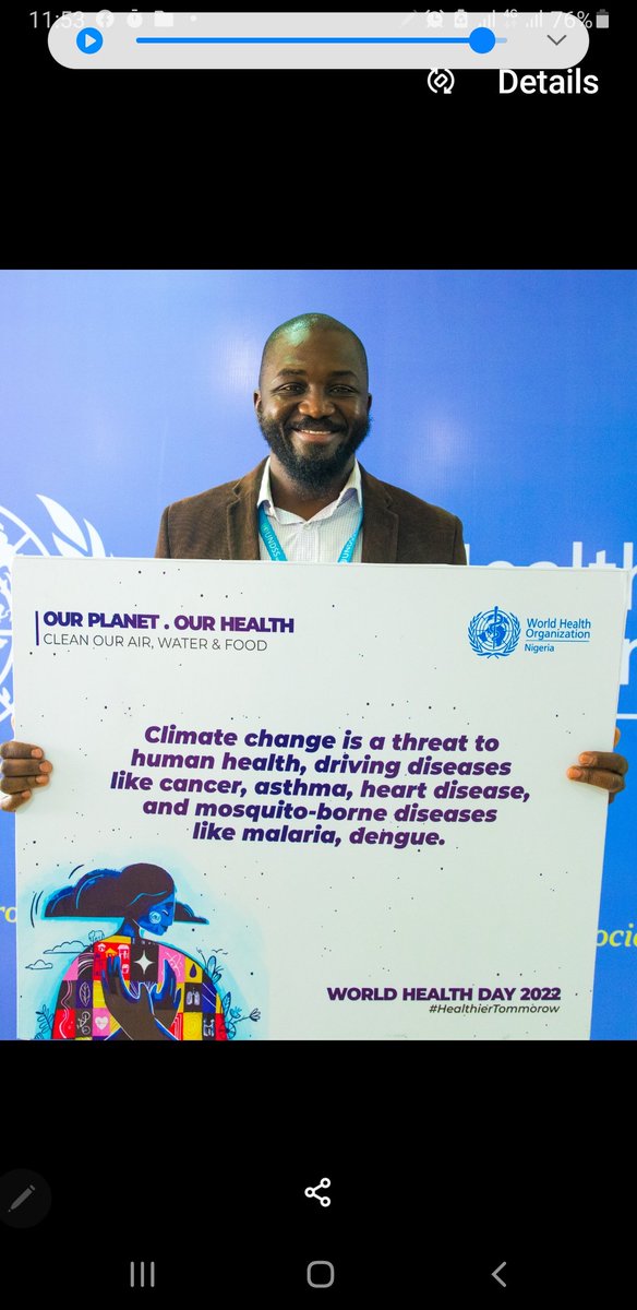 Ibrahim N. Mamadu (@ibrodoc_03) on Twitter photo Today, I join <a href="/WHONigeria/">WHO Nigeria</a> in commemorating the #WorldHealthDay2022 with the theme: #OurPlanetOurHealth. I urge all to support clean air, water and food. <a href="/WHO/">World Health Organization (WHO)</a> <a href="/WHOAFRO/">WHO African Region</a>
<a href="/WHONigeria/">WHO Nigeria</a>
#whd2022
#HealthierTomorrow
#HealthierTomorrowNG Today, I join <a href="/WHONigeria/">WHO Nigeria</a> in commemorating the #WorldHealthDay2022 with the theme: #OurPlanetOurHealth. I urge all to support clean air, water and food. <a href="/WHO/">World Health Organization (WHO)</a> <a href="/WHOAFRO/">WHO African Region</a>
<a href="/WHONigeria/">WHO Nigeria</a>
#whd2022
#HealthierTomorrow
#HealthierTomorrowNG