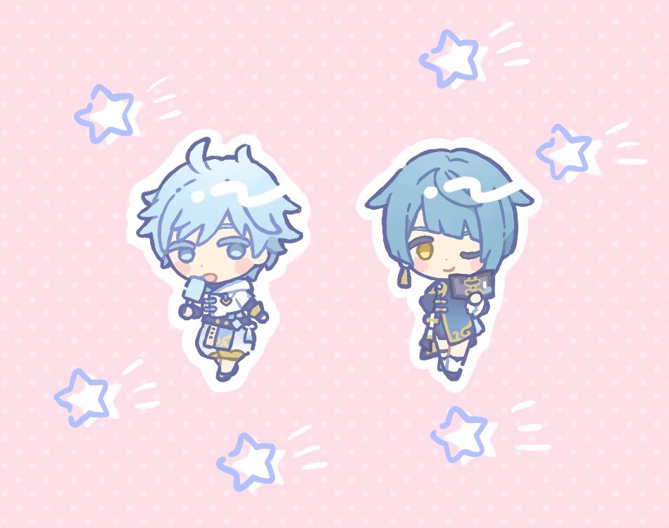 chongyun (genshin impact) ,xingqiu (genshin impact) 2boys blue hair multiple boys male focus blue eyes chibi pink background  illustration images