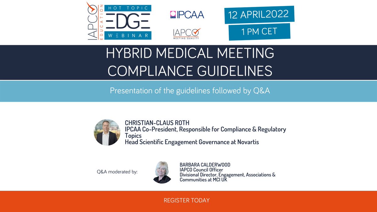 iapco's tweet photo. Webinar is tomorrow! Don't forget to register in order to received the guidelines ahead of the webinar and be able to ask your questions. https://t.co/Ew0cJYpPmW
#compliance #medicalmeetings #hybrid #meetingprofs #eventprofs #IPCAA https://t.co/EAvkHTpFOY