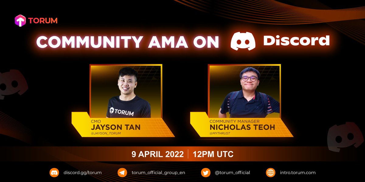 We are holding a community AMA in Torum’s Official Discord on the 9th of April, 12PM UTC. 📢

Learn all about Torum Exclusive Access Program from our AMA! 🏆

Please use this link to join the event:
discord.gg/vbz25SFb?event…