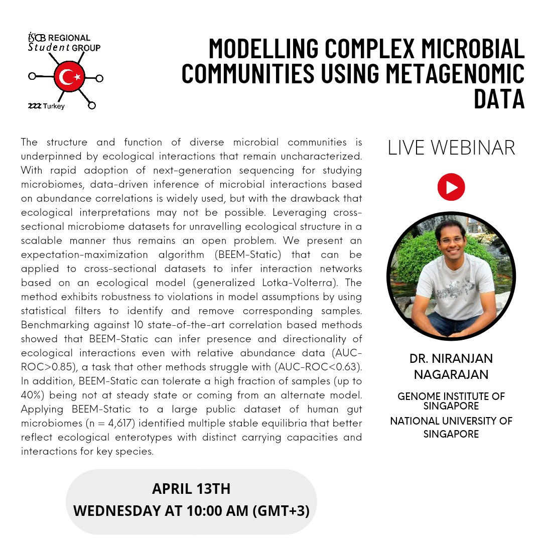 🚨New Webinar Alert🚨

🎗Next week we are going to host Assoc. Prof. Niranjan Nagarajan from National University of Singapore 
Next week on April 13th at 10:00 AM (GMT+3) 
🎗Dr. Nagarajan will give a talk titled "Modelling Complex Microbial Communities Using  Metagenomic Data".