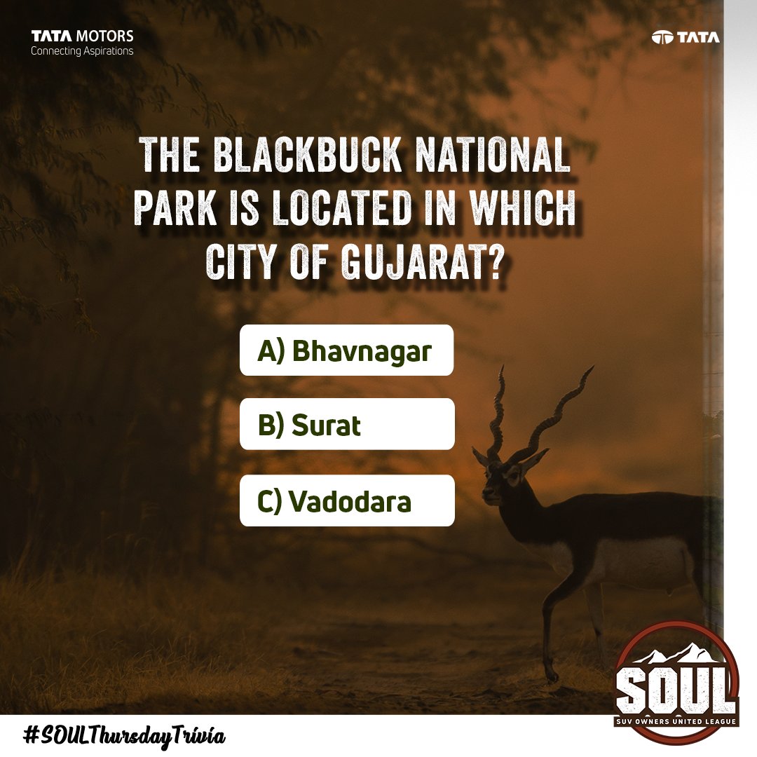 TataMotors_Cars's tweet image. Get ready to put on your thinking caps as #SOULThursdayTrivia is here with a challenge for you!
Guess the correct answer and comment below.

Hint – This city lies on the western shore of the Gulf of Khambhat!

#DriveWithSOUL #ConnectWithSOUL #Harrier #Safari #TriviaTime #Gujarat