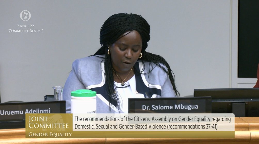 Dr. Salome Mbugua of <a href="/AkiDwA/">AkiDwA</a>, the national network of migrant women in Ireland, is making its opening statement to <a href="/OireachtasNews/">Houses of the Oireachtas - Tithe an Oireachtais</a> cttee on Gender Equality, chaired by <a href="/ivanabacik/">Ivana Bacik</a>. @SAFEIreland (creating safety for women &amp; children) also join MDN at this morning's #DSGBV session.