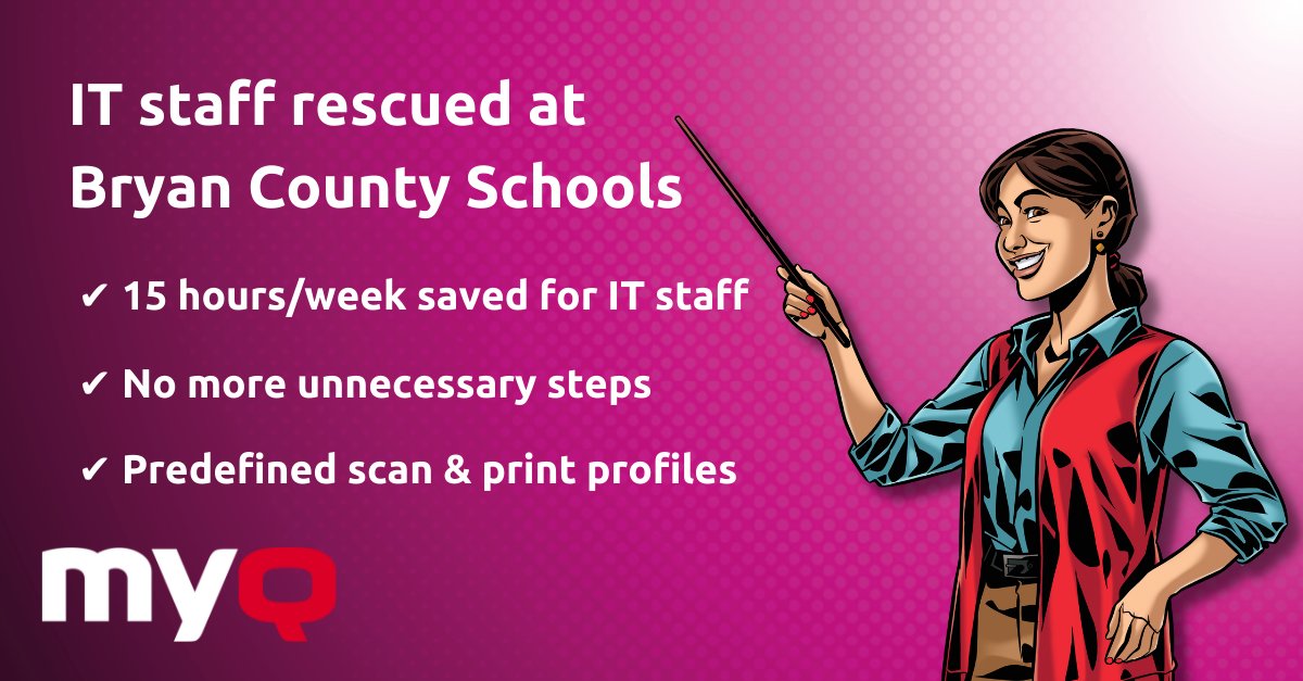 myqsolution's tweet photo. Lesson in optimization at Bryan County School District! 🏫 The implementation of MyQ X saved their overtasked IT staff 15 hrs./week and the organization got safe &amp; convenient print environment.

See the whole story 👉 https://t.co/BunblYn05Z 

#printsolution #MPS #myqsolution https://t.co/3kXBmM5t17