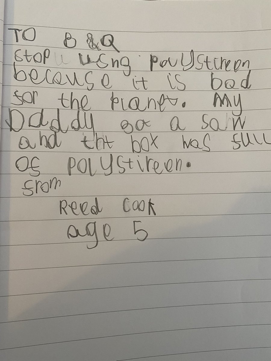 cookie866's tweet photo. @BandQ my 5 year old son was disappointed to find polystyrene in your packaging and he has written you a letter @Carlton_head @Carltonacademy1 https://t.co/J4ydpFjsdD