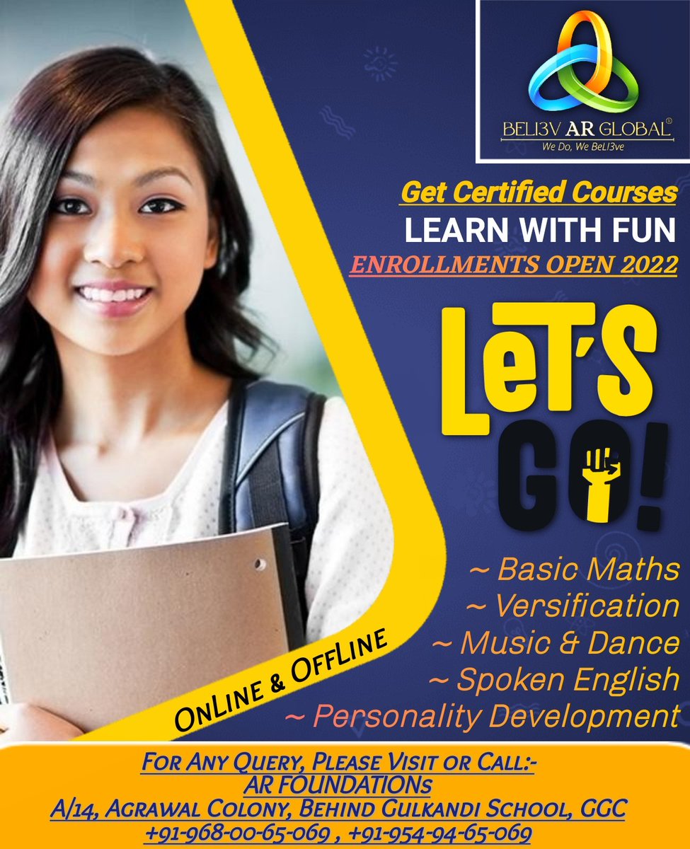 ArMANN_RaaZ's tweet photo. We are Welcoming New Batches for CertifiedCourses like #music #Dance #Versification #SpokenEnglish #personalityDevelopment #Mathematics From #BelievAR_Global_Foundation registered under @GovtOfIndia_...
Join us for best outcome...
Contact us for admissions across the Globe. 🇮🇳🇮🇳 https://t.co/y2v6t4HCIU