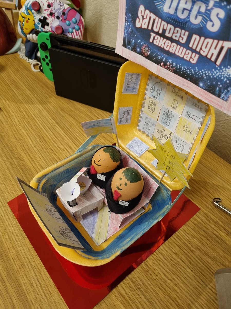 donnakins2's tweet photo. Olivias eggs for her school competition, Ant and Dec watching Saturday night take away in a takeaway box. @itvtakeaway @antanddec #takeawaygetaway #wintheads #antvsdec https://t.co/mnXw59c4gG