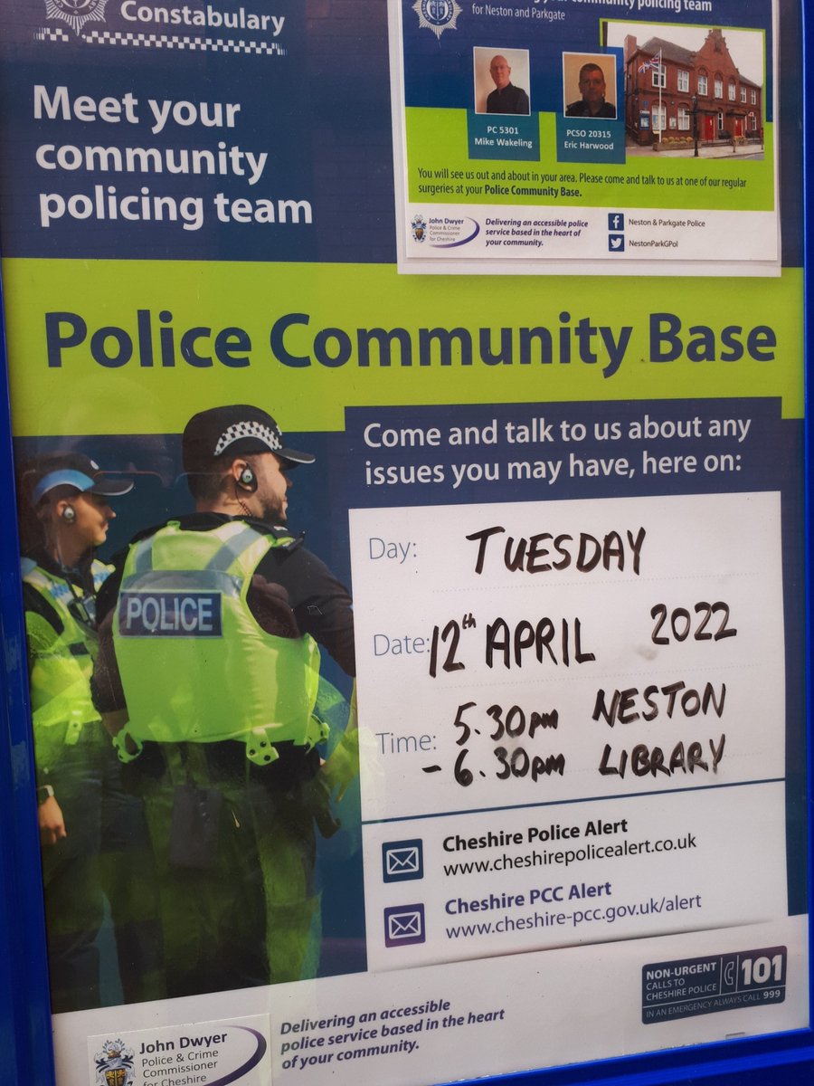 The next joint Police / Councillor surgery will be at Neston Library on Tuesday 12th April from 5.30pm to 6.30pm. We look forward to seeing you then.
#WeCare #StreetSafe