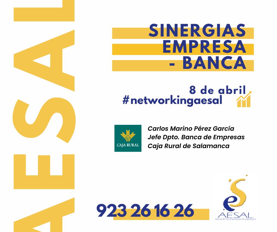 Aesal_Salamanca's tweet photo. Cada mes un #networkingaesal para que siempre estés al día de todo lo que necesitas en tu empresa Este mes con @CRSASALAMANCA sobre #sinergias empresa-banca
Si eres #mujer #empresaria y de #salamanca y no eres de #AESAL te lo estás perdiendo
Llama ya al 923 261 626 y te contamos https://t.co/9ZWkDNOucq