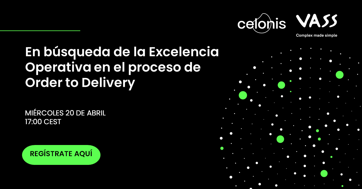 VASS_Company's tweet image. 📣¿En búsqueda de la excelencia operativa en el proceso de #OrderToDelivery?

Inscríbete a la ponencia de @Ignacio De Sopeña, Head of Business Consulting VASS, en @Celonis Process Excellence week, el miércoles 20 de abril.

ow.ly/BpvO50IoXLT