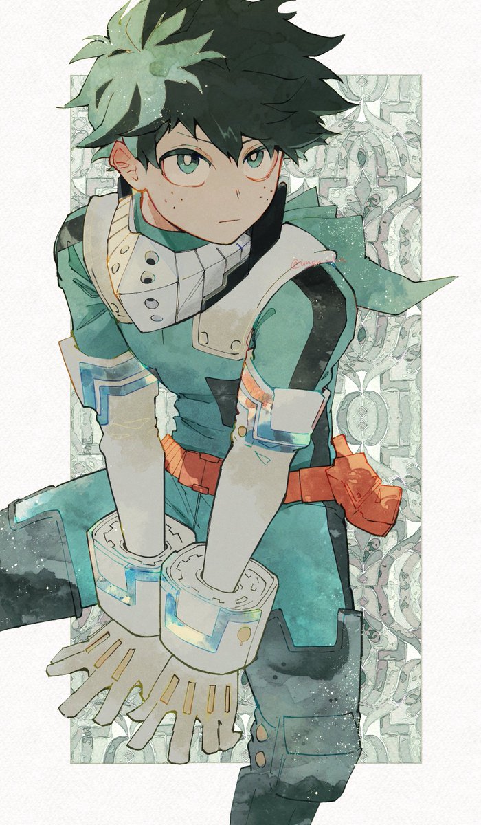 midoriya izuku male focus green bodysuit 1boy freckles solo green hair white gloves  illustration images