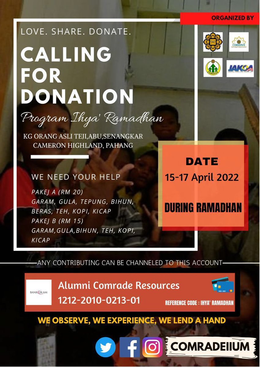 For COMRADE upcoming events, Ihya’ Ramadhan will be held in KOA, Cameron Highland, Pahang. That being said, any donations or contributions to our club are highly appreciated🤍 May Allah grant us a blessing Ramadhan🫶🏻