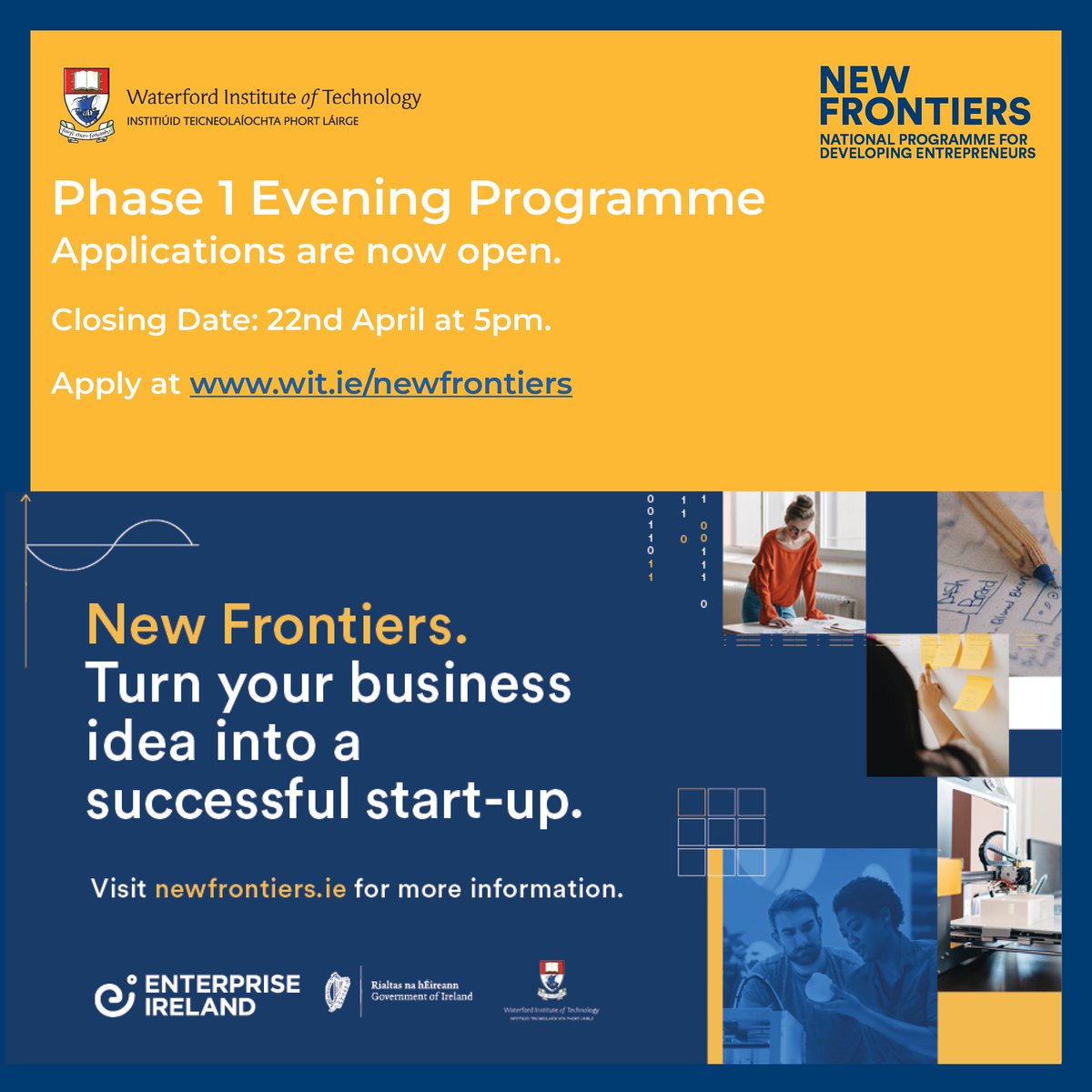 As we celebrate entrepreneurs at the <a href="/Entirl/">Enterprise Ireland</a> Start-up Showcase 2022 this is reminder to new entrepreneurs that the @NewFrontiersSE program <a href="/waterfordit/">OConnellSchool</a> is now accepting applications #GlobalAmbition #startup #innovation