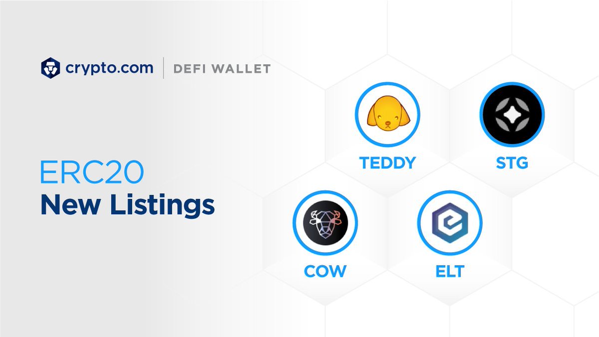 cryptocom's tweet photo. New ERC20 tokens added to the https://t.co/vCNztATkNg DeFi Wallet 
✅Teddy Doge (#TEDDY)
✅Stargate Finance (#STG)
✅ICoW Protocol (#COW)
✅EdenLoop (#ELT ) https://t.co/PDfOXNKU2l