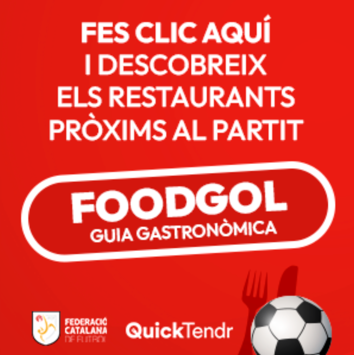FCF_CAT's tweet photo. 🍴🍔 #FoodGol, la nova guia gastronòmica dels camps del futbol català ⚽️😋

🖊️ Acord de patrocini @FCF_CAT amb @quicktendr_es 
📍 Troba el restaurant més proper al teu camp o pavelló❗️

🔗 Més info a https://t.co/BOQ53MEgHr

#futbolcat #futfem #futbolbase #futsal https://t.co/Ro4mLwZfTT