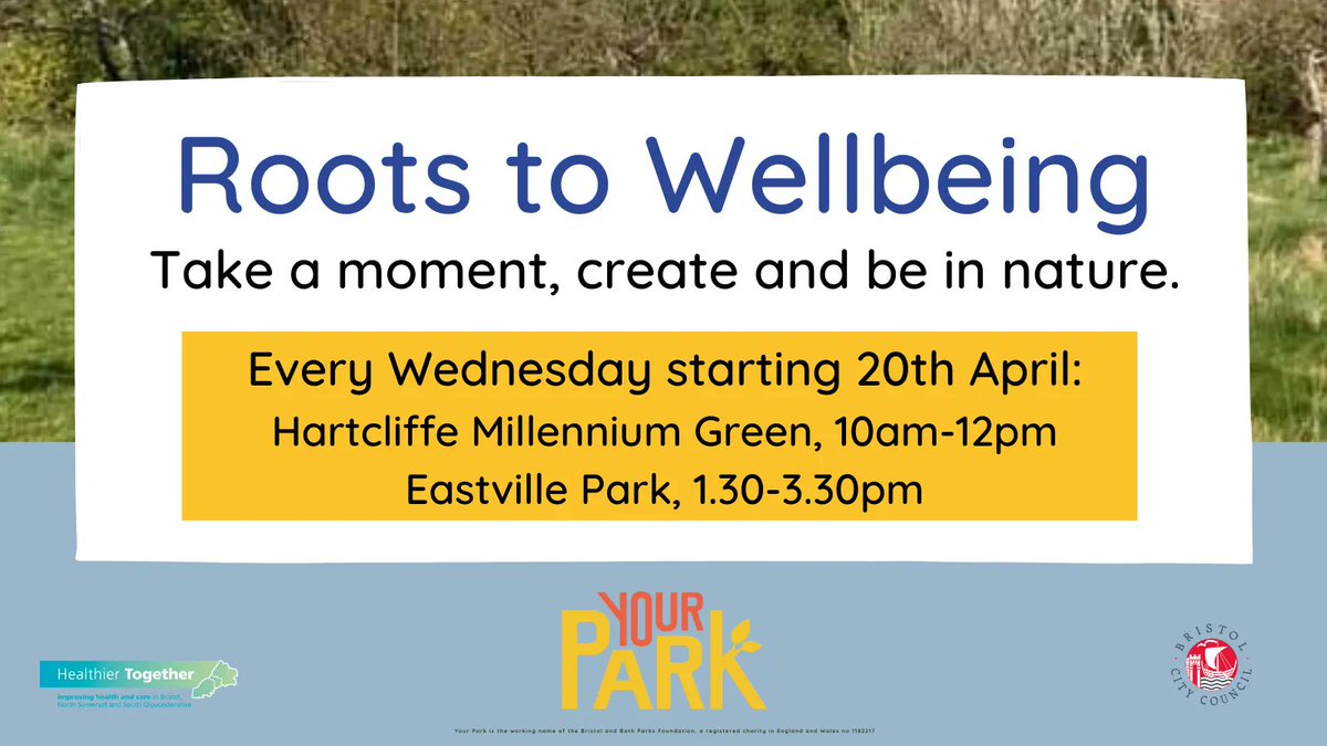 YourParkBB's tweet photo. Starting in Hartcliffe Millennium Green &amp; Eastville Park, #RootstoWellbeing, a 6-week wellbeing programme for anyone struggling with their mental health, feeling anxious or isolated. Find out more/register: https://t.co/35myTMajU7
@ChangesBristol @WSBartonHill @wearesecondstep https://t.co/xAUj7XEJ2O