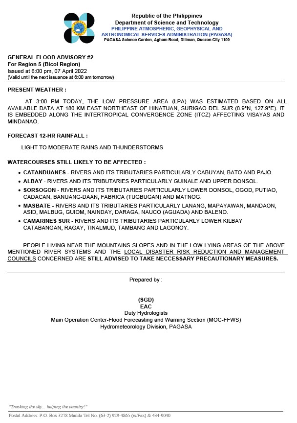 dost_pagasa's tweet photo. General Flood Advisories (GFAs) 
Issued @ 6PM, 07 April 2022
Region 5 (Bicol Region) - #GFA2
Region 6 (Western Visayas) - #GFA4
Region 7 (Central Visayas) - #GFA4 https://t.co/M4Dd1AIQG3