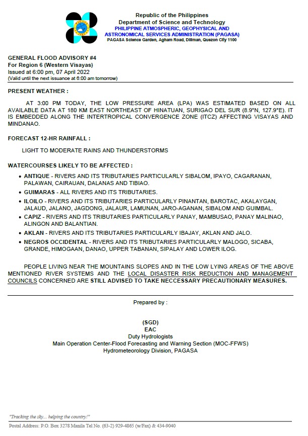 dost_pagasa's tweet photo. General Flood Advisories (GFAs) 
Issued @ 6PM, 07 April 2022
Region 5 (Bicol Region) - #GFA2
Region 6 (Western Visayas) - #GFA4
Region 7 (Central Visayas) - #GFA4 https://t.co/M4Dd1AIQG3