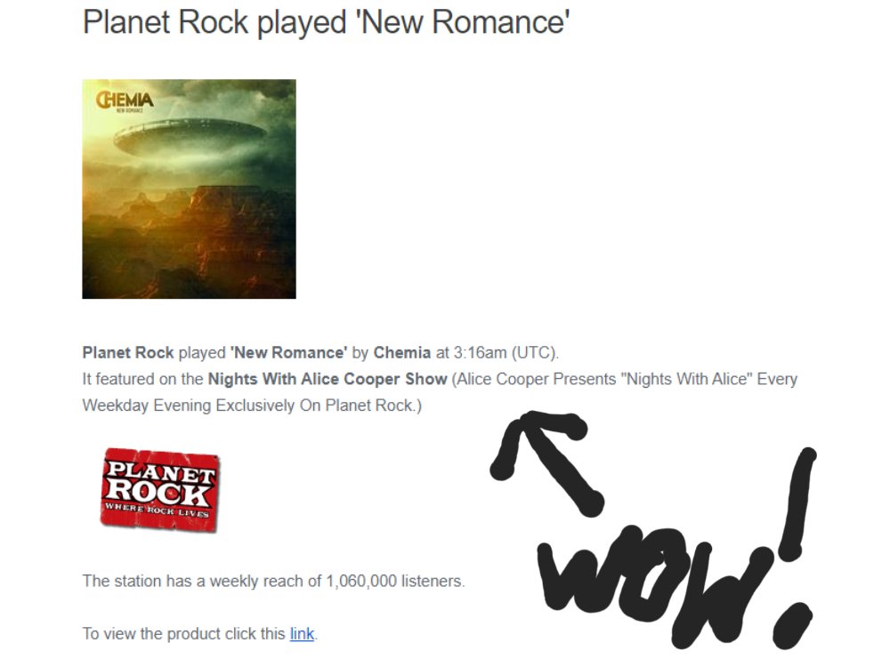 We're proud to be heard everyday at Planet Rock...but last night ... Alice Cooper played our song New Romance !!!
It is a great honor and we have more to be proud of 🖤
Thank you‼️
#planetrockradio #alicecooper #chemia #newromance
<a href="/alicecooper/">Alice Cooper</a> 
<a href="/PlanetRockRadio/">Planet Rock</a> 
<a href="/NightswithAlice/">Nights With Alice</a>