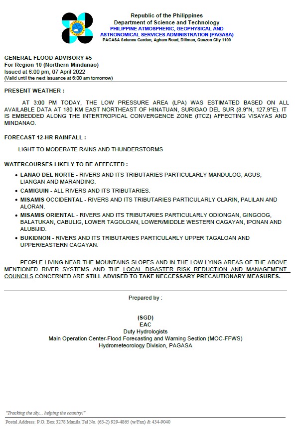 dost_pagasa's tweet photo. General Flood Advisories (GFAs)
Issued @ 6PM, 07 April 2022
Region 8 (Eastern Visayas) - #GFA6
Region 10 (Northern Mindanao) - #GFA5
Region 13 (CARAGA) - #GFA6 https://t.co/z5YJJ9Vjy1