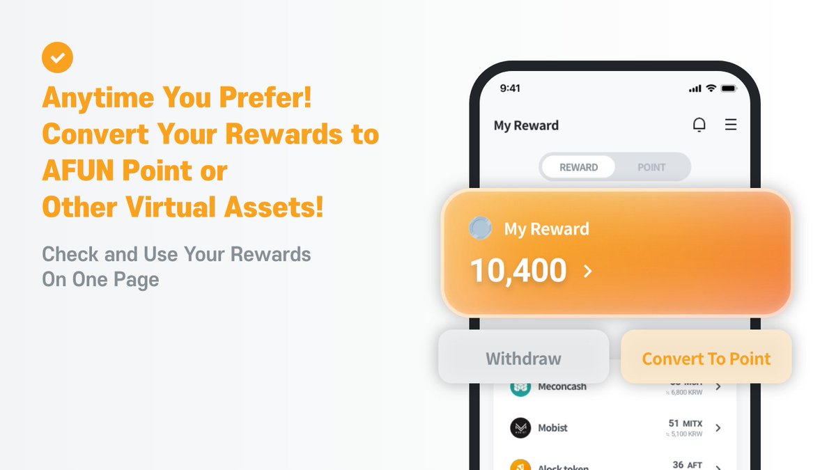 AFunCoLtd's tweet photo. In #Web3, there is no "one size fits all." 🧵🪡

That's why we allow you to convert your rewards to not only our #AFunPoint but also other virtual assets!🔀

Check, Withdraw, Convert, all on one page!🪙
#ALOCKWALLET! It's about making your life easier and better!🧡 https://t.co/ScNIUoUi4G