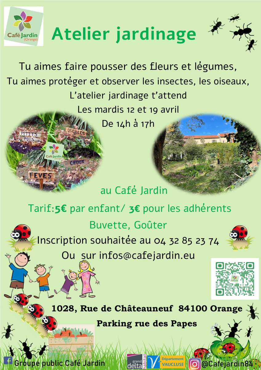 le mardi 12 et 19 avril de 14 h à 17 h 
Au programme :
 le 12 avril la construction d’abris pour les vers de terre et les abeilles, tout en découvrant le jardin et tout ce qu’on trouve et qui s'y cache
le 19 avril, repiquage des salades, courges et courgettes