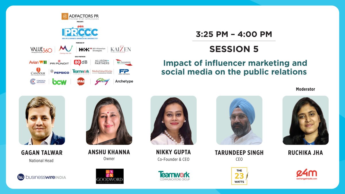 e4mtweets's tweet photo. Introducing our fifth speaker panel for e4m PR and Corp Comm India PR and Corp Comm Conference (IPRCCC 2021)

Register now to attend - https://t.co/ui2KLLgjcs

#iprccc2021 #e4mevents #media #PRandCorpComm https://t.co/Id373iiGQd