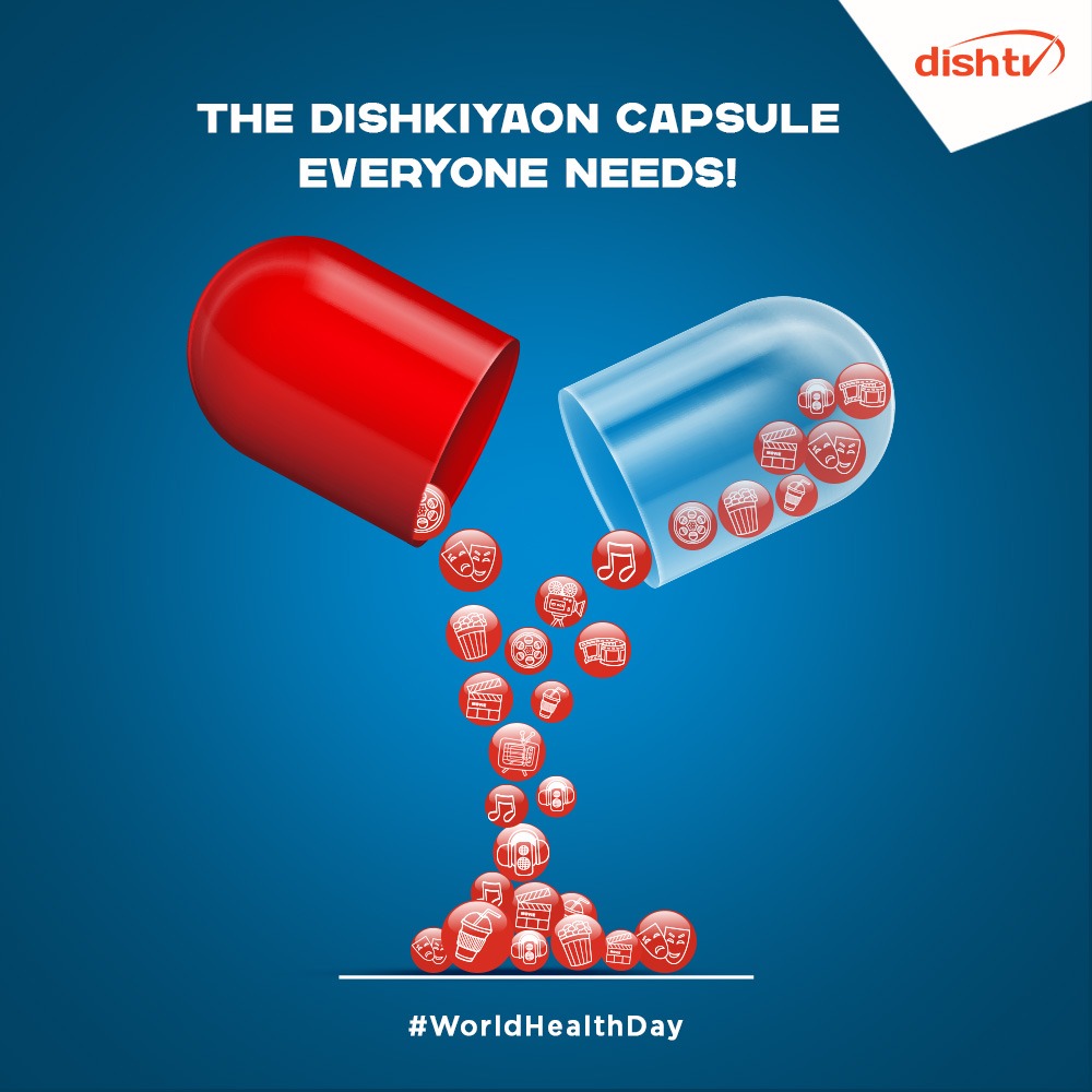 DishTV_India's tweet photo. Don't let the stress, block your happiness! So this World Health Day, take a Dishkiyaon pill and just chill. Stay tuned to DishTV and #BeDishPositive. https://t.co/IsZfsIcfXN