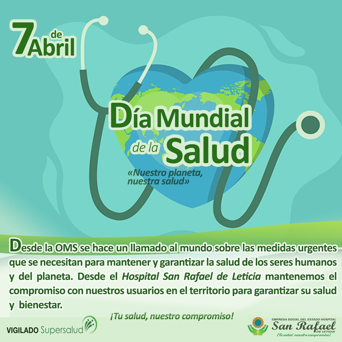 LeticiaHospital's tweet photo. ⚕️🩺♥️𝗗𝗜́𝗔 𝗠𝗨𝗡𝗗𝗜𝗔𝗟 𝗗𝗘 𝗟𝗔 𝗦𝗔𝗟𝗨𝗗 una fecha para el reconocimiento a la salud como un derecho básico, fundamental y universal y fomentar el acceso a la atención sanitaria de calidad. 
@Supersalud 
@Goberamazonas https://t.co/H1T3rWFpnw