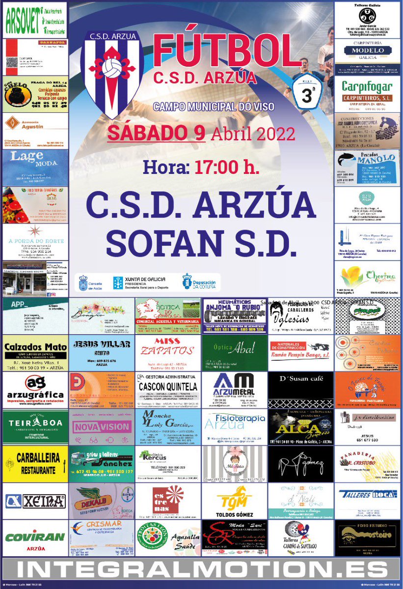 🏟 Este sábado hai partido! 🏟

<a href="/CSDArzua/">CSD Arzúa</a> 🆚 <a href="/SdSofan/">Sd Sofán ❤️ Memecoin</a>

👉🏽 Ás 17 horas 👈🏽

🎟 Entrada GRATUÍTA para xente de Arzúa e comarca 🎟

👕 Trae a túa CAMISOLA 👕

🥁 ANIMA O ARZÚA! 🥁

#ImosCSD