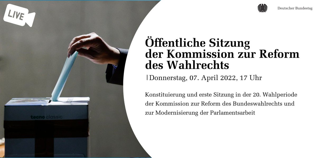 Um 17 Uhr🕔 tritt die Wahlrechtskommission zusammen. Das Gremium aus je 13 Abgeordneten und Sachverständigen soll sich u.a. mit der Reform des #Wahlrecht|s🗳️ und der gleichberechtigten Repräsentanz von #Frauen &amp; #Männer|n befassen. Live➡️bundestag.de

📸DBT/Tobias Koch