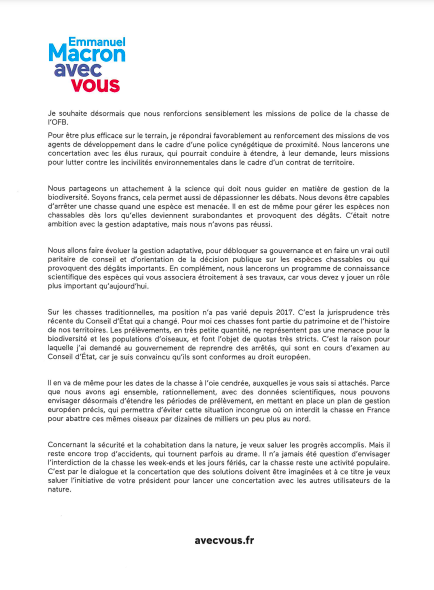MaximeZucca's tweet photo. 1-Emmanuel Macron vient d'envoyer sa lettre d'amour au président des chasseurs. C'est assez édifiant. Même si l'on relève sa concession concernant la chasse des espèces menacées (mais qui n'est pas formulée sous la forme d'un engagement), les points suivants sont inquiétants : 👇 https://t.co/AxGtdn9wBc