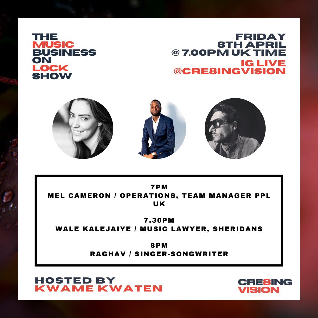 itsmelcameron's tweet photo. Catch me chatting all things Music and @PPLUK on Insta Live with the amazing @kwamekwaten
The Music Business On Lock Show @cre8ingvision 7PM GMT Tomorrow!
#music #musicbusiness #musicians #rightsholders #labels #selfreleasing #theultimateseminar #ppluk #royalties https://t.co/wBwbKZxwaE