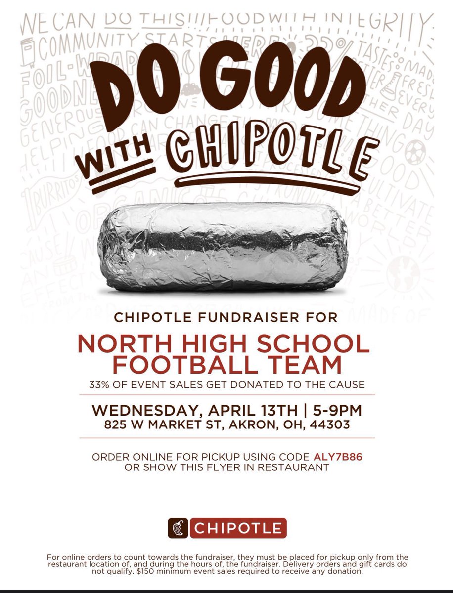 On Wednesday, April 13, we are doing our first fundraiser! Make sure to either put the code in when ordering or just show this flyer to the cashier! Only valid at the West Market location between 5-9pm Thank you for your support! Please retweet to get the word out Viking Nation!