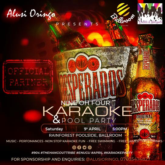 EventsHotspots's tweet photo. Like we've been telling you...Saturday is going be wild ๐ฅ๐ฅ.
Welcome @Desperadosng as official drink sponsor for the 904 #NineOhFour pool party & Karaoke.
Free drinks everyone! Onye gbaa รดsรด.... (Reply in CS)
#thehangouttribe #karaokeparty #Enugu #oringo #EventaandHotspots https://t.co/Jp0tgkkQHX
