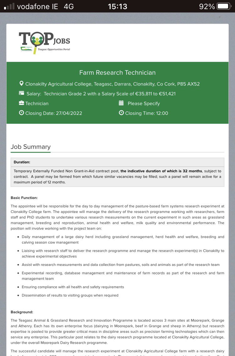 Research Technician position available in Clonakilty Ag College. Come and join the team. Closing date is the 27th of April. RTs appreciated. Thanks. topjobs-teagasc.thehirelab.com/LiveJobs/JobAp…