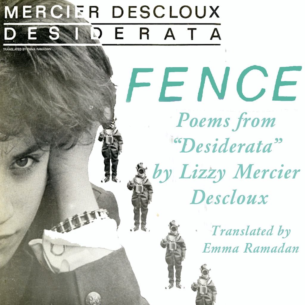 “Night after day, stunning flesh of / absolute nerves.” New translations of poems by post-punk legend Lizzy Mercier Descloux are up today. Courtesy of Emma Ramadan (@EmKateRam), who’s full translation of “Desiderata” is forthcoming from @inpatientpress fenceportal.org/poems-from-des…