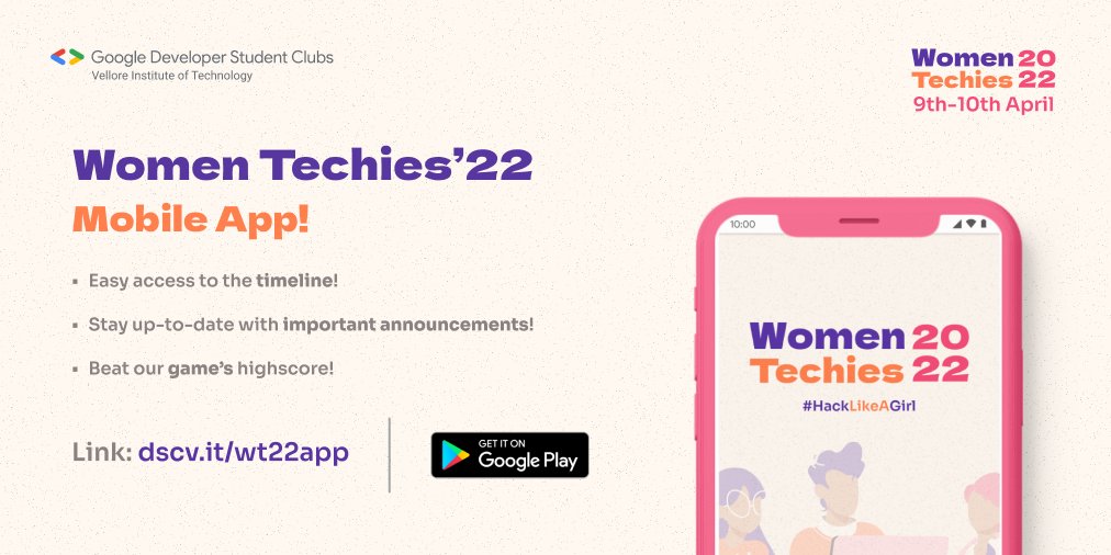 gdgvitvellore's tweet photo. The app for WomenTechies'22 is now available on PlayStore! Download the app to stay up to date with all of the important announcements, get an easy access to timeline and of course play our game to win schwags and a lot more!
Link: https://t.co/Zc5upoqKD2
#hacklikeagirl https://t.co/7xT1RGC0Fc