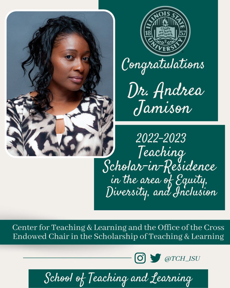Congrats to Dr. Andrea Jamison (@AchitownJ) for being selected as a 2022-23 @ISUCTLT &amp; <a href="/ISU_SoTL/">ISU SoTL</a> Teaching Scholar-in-Residence in the area of Equity, Diversity, &amp; Inclusion. We can't wait to learn from you! 
cc <a href="/IllinoisStateU/">Illinois State</a> <a href="/educationISU/">Education at ISU</a>