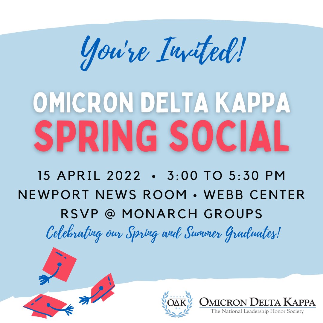 Members! 
You're invited to our Spring Social Event!
Join us in-person or virtually 
Thursday, April 14
from 3:00-5:30 PM 
in the Newport News Room (Located in Webb)
RSVP on CampusGroups.
This is a great opportunity to socialize and Catch a much needed break before finals. 
#ODU