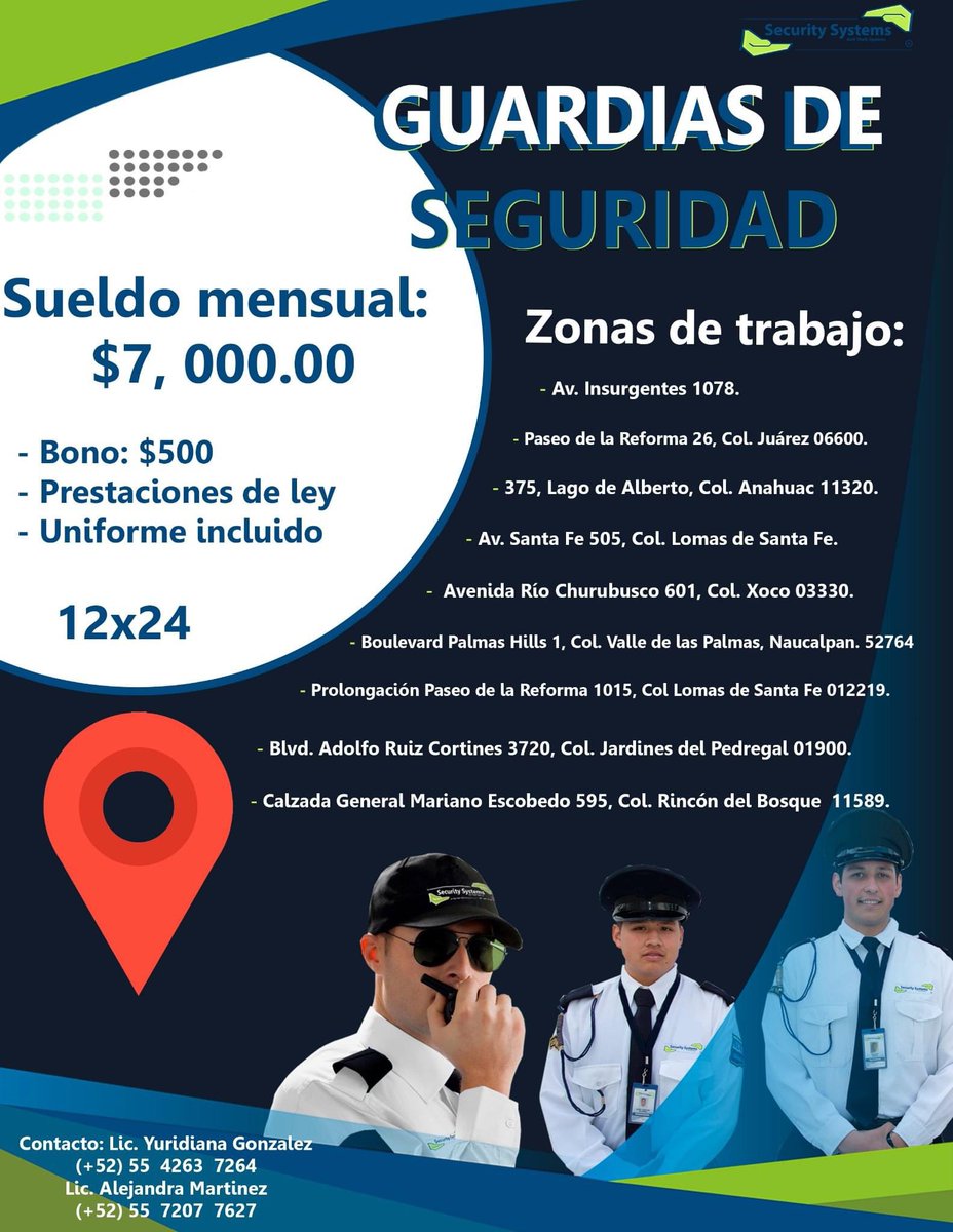 TE INTERESA SER GUARDIA DE SEGURIDAD? ENTONCES ELIGE LA PLANTILLA QUE MÁS CEGCA TE QUEDE Y CONTÁCTANOS PARA EMPEZAR A TRABAJAR! 

Lic. Yuridiana Gonzalez 554263 7264
Lic. Alejandra Martínez 557207 7627 
#guardiasdeseguridad #Seguridad #empleos #vacantes #vacantescdmx #empleoscdmx