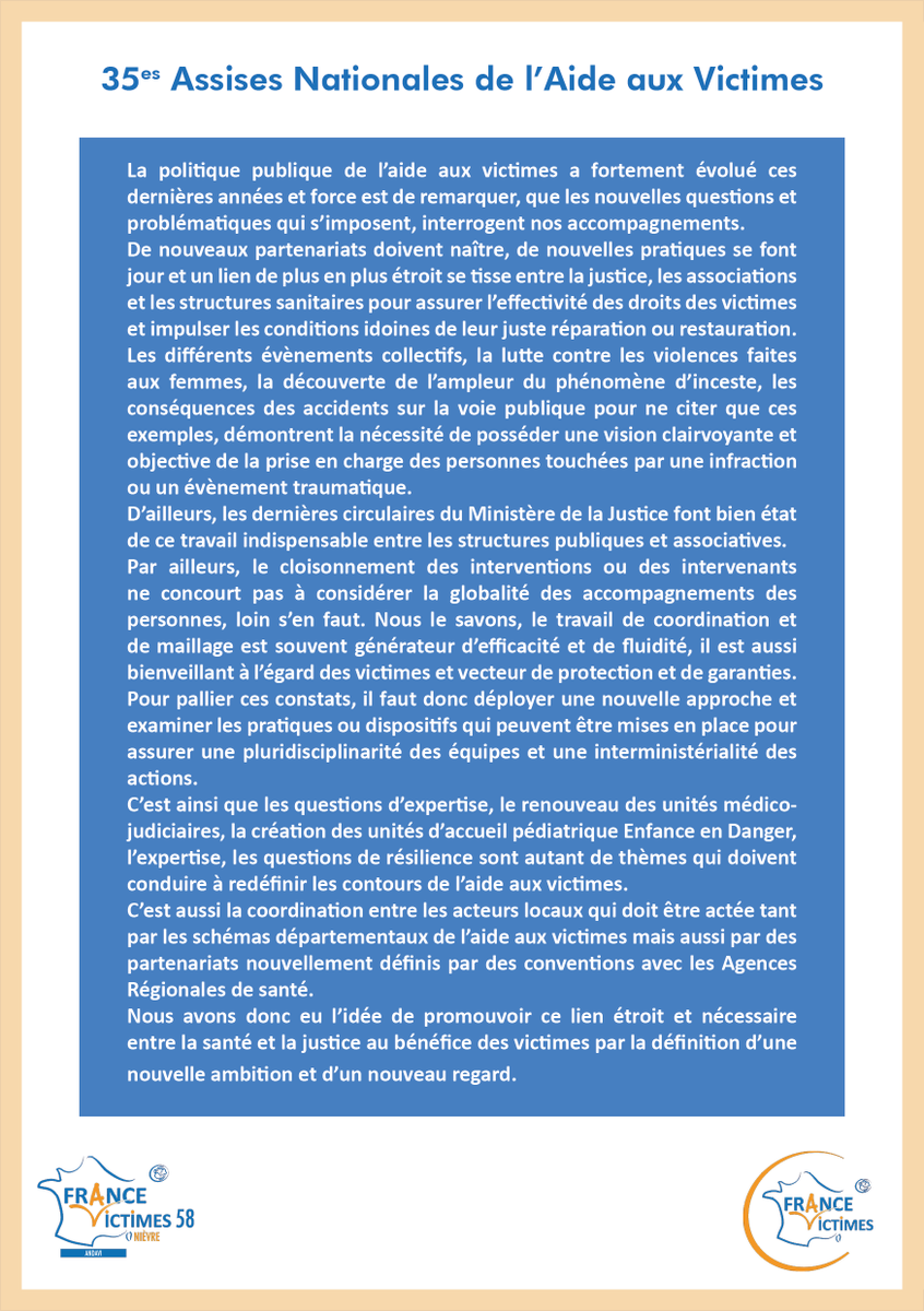 FranceVictimes's tweet photo. 🗓️ 35es Assises Nationales, les 28 &amp; 29 Juin 2022, à Nevers organisées par #FranceVictimes58 et la Fédération

👩👨 Différentes personnalités seront présentes autour de 5 thématiques

Vous êtes intéressés ? L'inscription c'est ici : https://t.co/f5V5jRgboi https://t.co/KF8kvIinHx