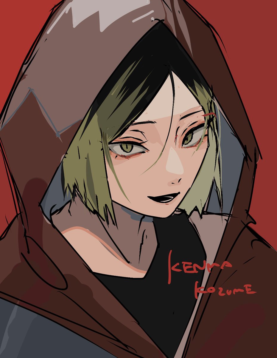 waver velvet 1boy male focus hood solo red background hood up green hair  illustration images