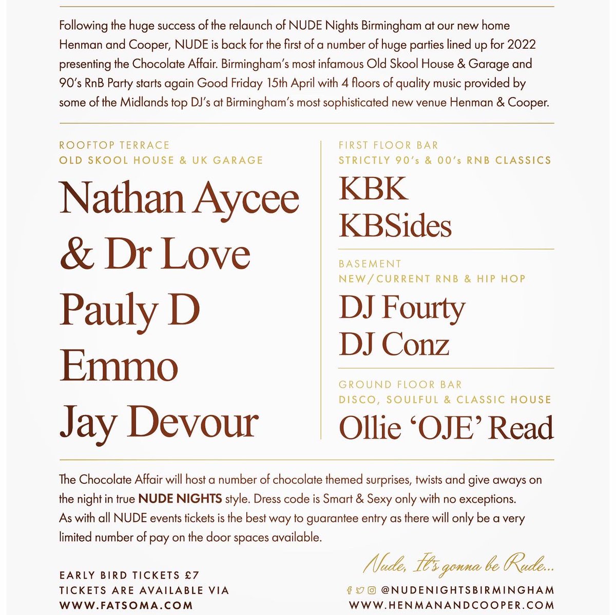 Nude_Nights's tweet photo. After a hugely successful relaunch last summer, we are back with the first of a number of huge parties lined up for 2022! Join us on Easter Good Friday for the Chocolate Affair @henmanandcooper an absolute vibe guaranteed! Nude, it’s gonna be Rude…. 🥳🥳🤩🤩 https://t.co/ZUinvufmpo