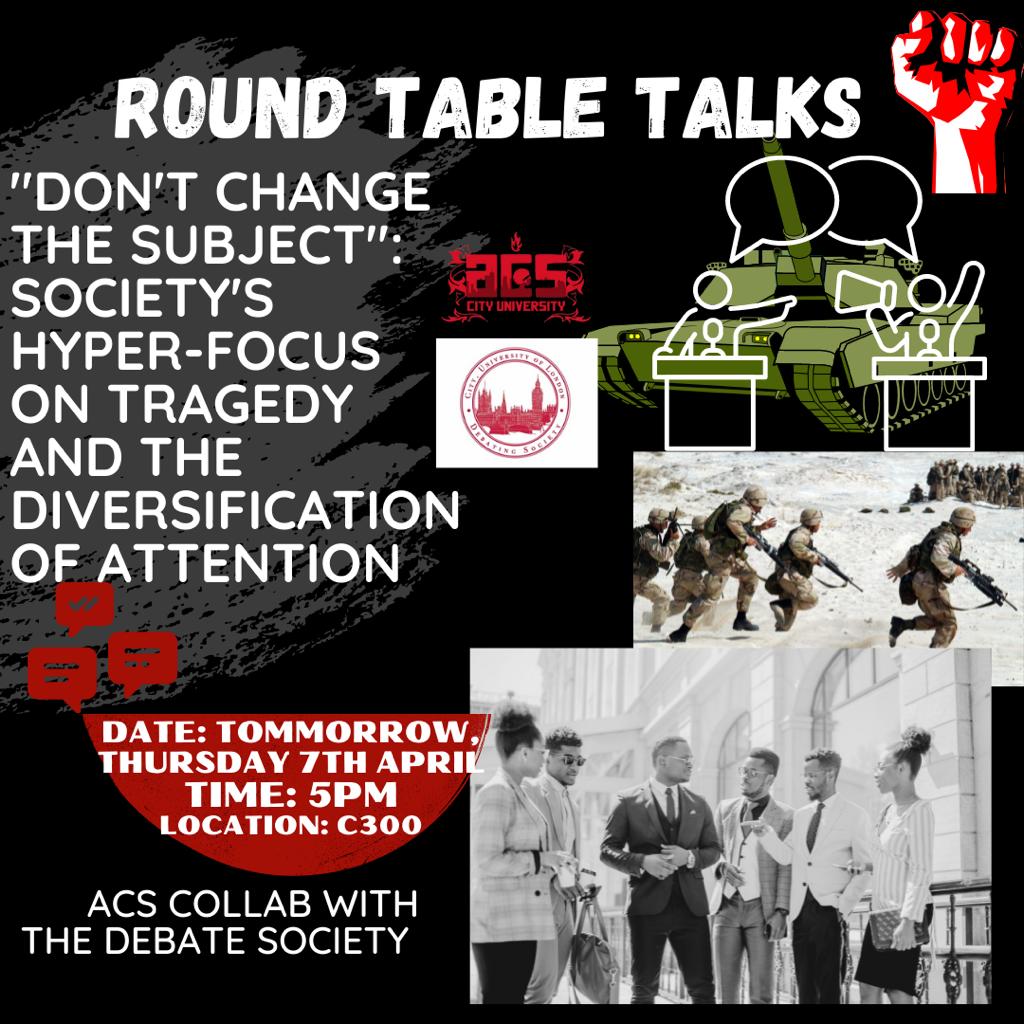 culacs's tweet photo. *Important notice *

The ACS present to you… Round table talks, in collaboration with the debate society. 

Come and Share your thoughts and opinions on the agenda of “How society’s hyper focus on tragedy and the diversification of attention” 

Join us Today at 5pm‼️ https://t.co/mhIo7z4C0V