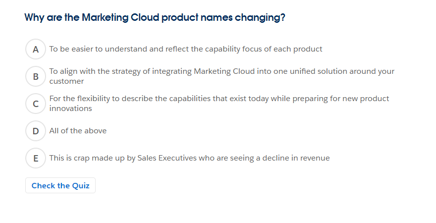 sfmc4dummies's tweet photo. What the quiz at the end of the @marketingcloud blog post about product name changes should have shown. #sfmc #salesforcemarketingcloud #brandingfails https://t.co/kX5eoaO0KV