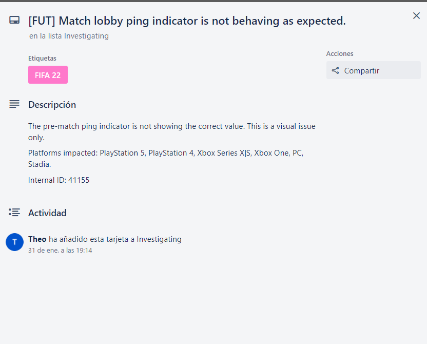 ut_goat's tweet photo. Desde el 31 de Enero se reporto que el ping que se muestra no es correcto.
Seguimos esperando ese Fix 👀
Al menos ya lo tienen en la sección de investigación, asi que esperemos el el proximo update venga solucionado.
#FIFA22 #FixFIFA @EAFIFADirect https://t.co/JKiV7BBFVT