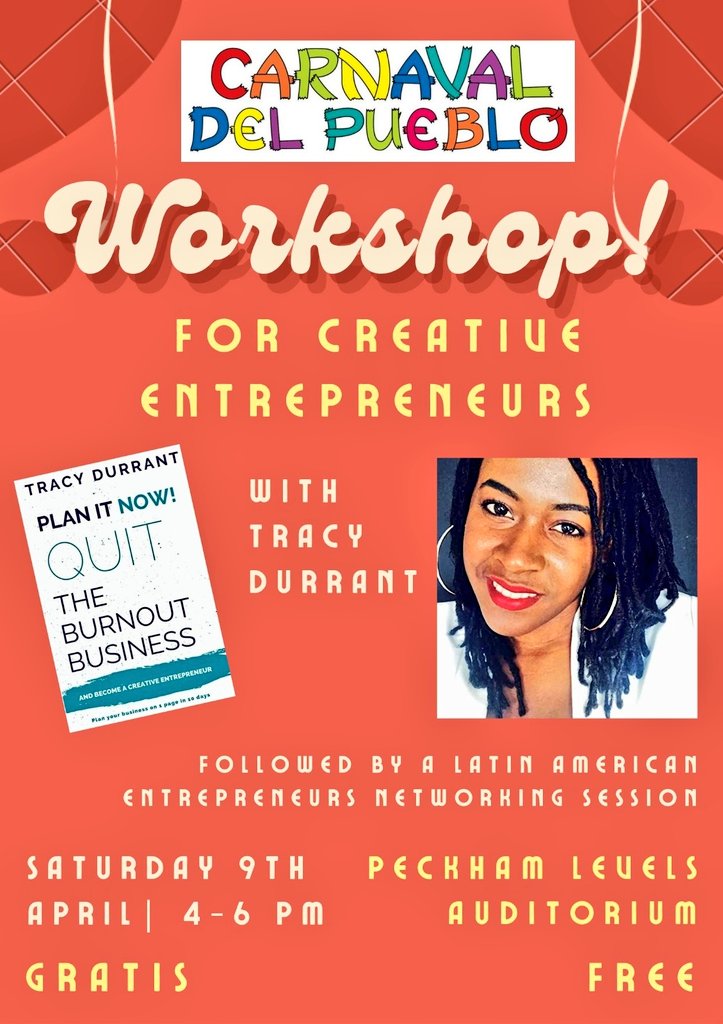 Business coach Tracy Durrant will join #CarnavaldelPueblo from 4-6 pm on 9 April at <a href="/peckhamlevels/">Peckham Levels</a> to give a workshop on creative entrepreneurship followed by a Latin American Entrepreneurs Networking Session.
All welcome.

#LatinAmerican #entrepreneurs #networking #PeckhamLevels
