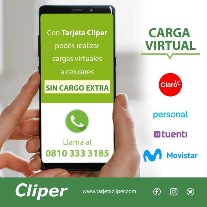 TarjetaCliper's tweet photo. SIN CARGO EXTRA!

📍 Con Tarjeta Cliper recargá el saldo de tu teléfono celular de Lunes a sábados de 8 a 21 hs. llamando al 0810 333 3185 😉

El monto vendrá facturado en tu resumen.

#tarjetacliper 
#notequedessinsaldo 
#cargavirtual 
#recargatucelular https://t.co/s9T4aRnnIJ