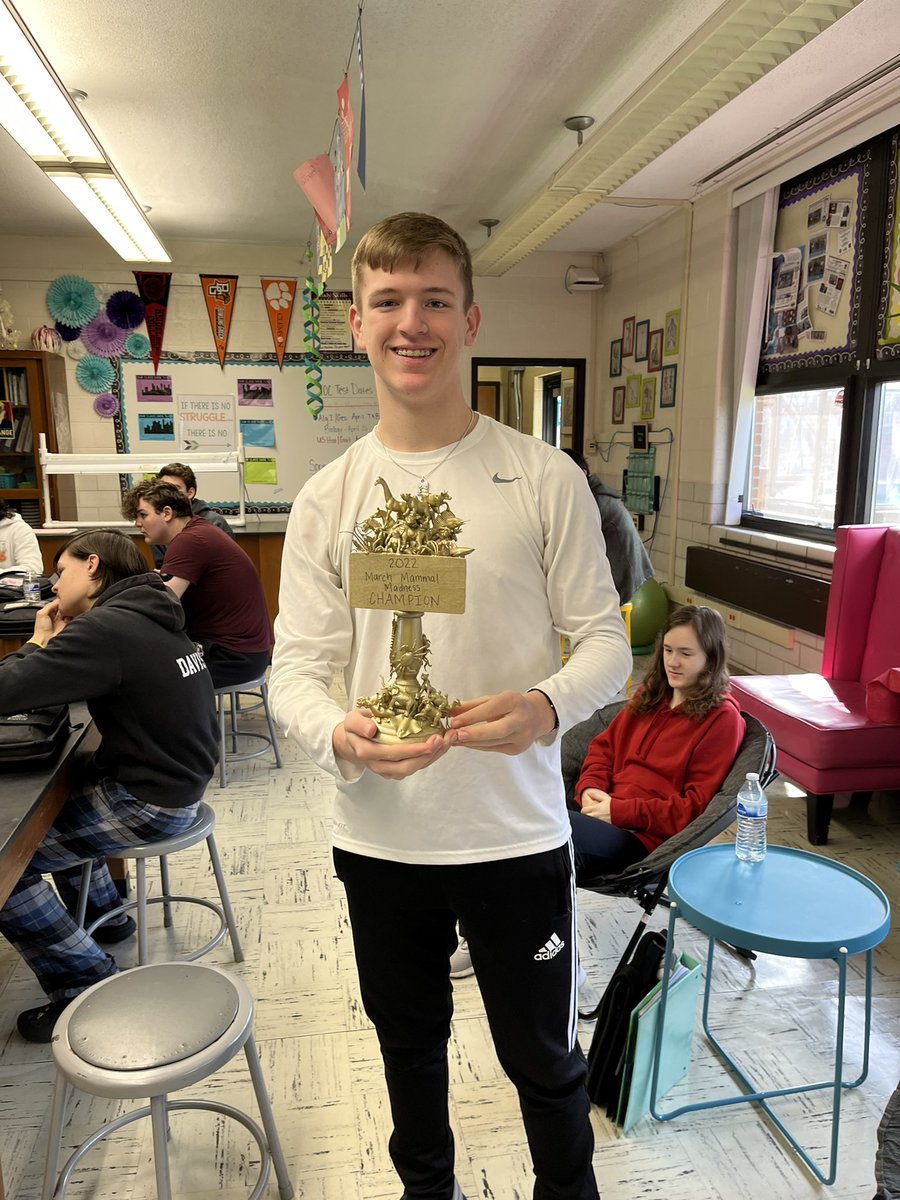 PHSBioClub's tweet photo. Congratulations to Aaron Welch - this years March Mammal Madness Champion!  Ellie Bodle came in 2nd, while Noah Normington-Slay and Drew Walton share 3rd! https://t.co/V3wwnZ6klu